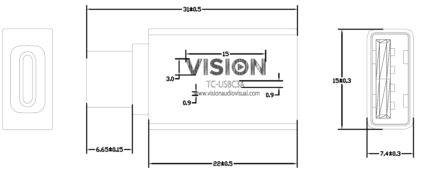 Vision TC-USB3AC-BL Black USB-C to USB 3.0A Adaptor