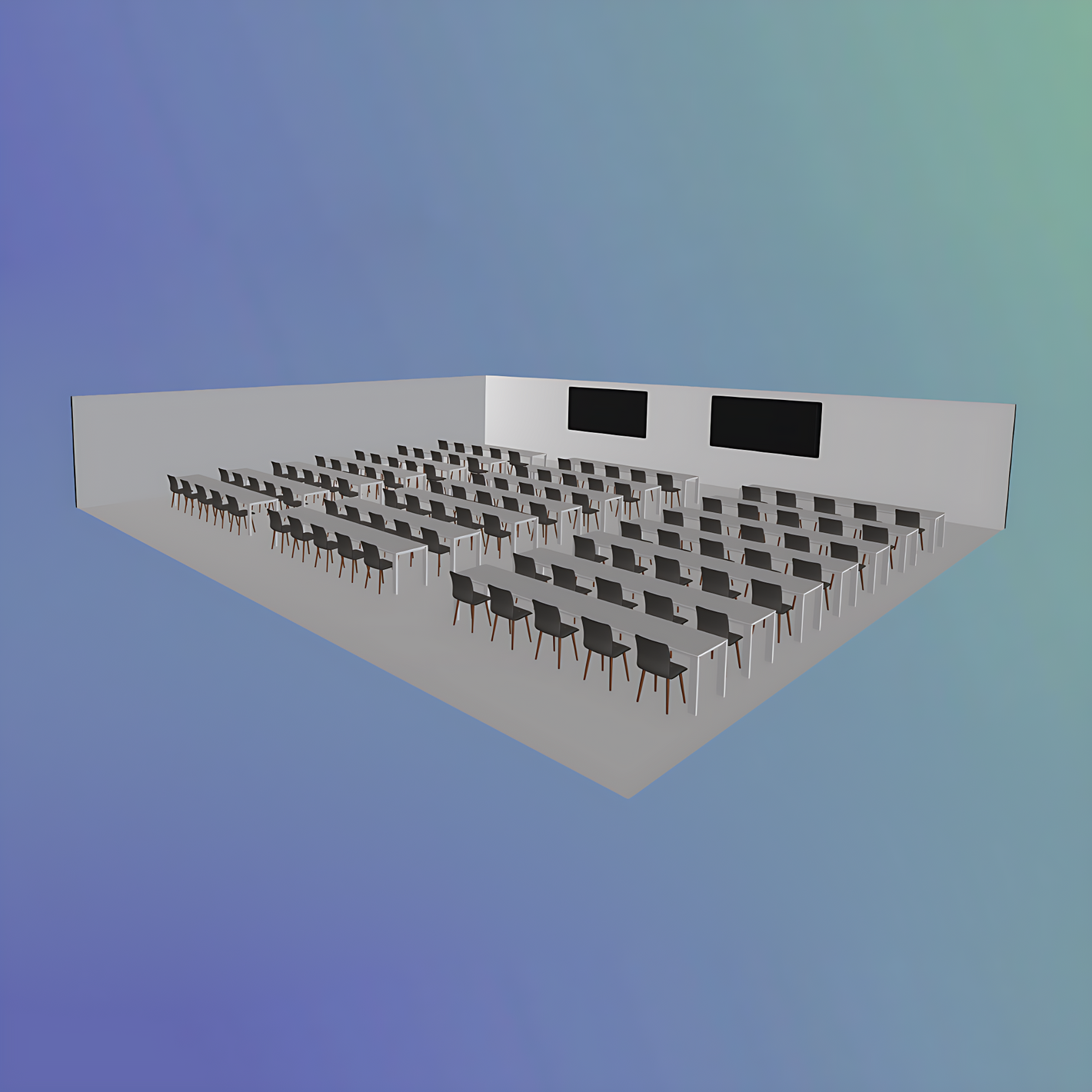 3D model of a lecture hall with rows of chairs and tables on a gradient blue background