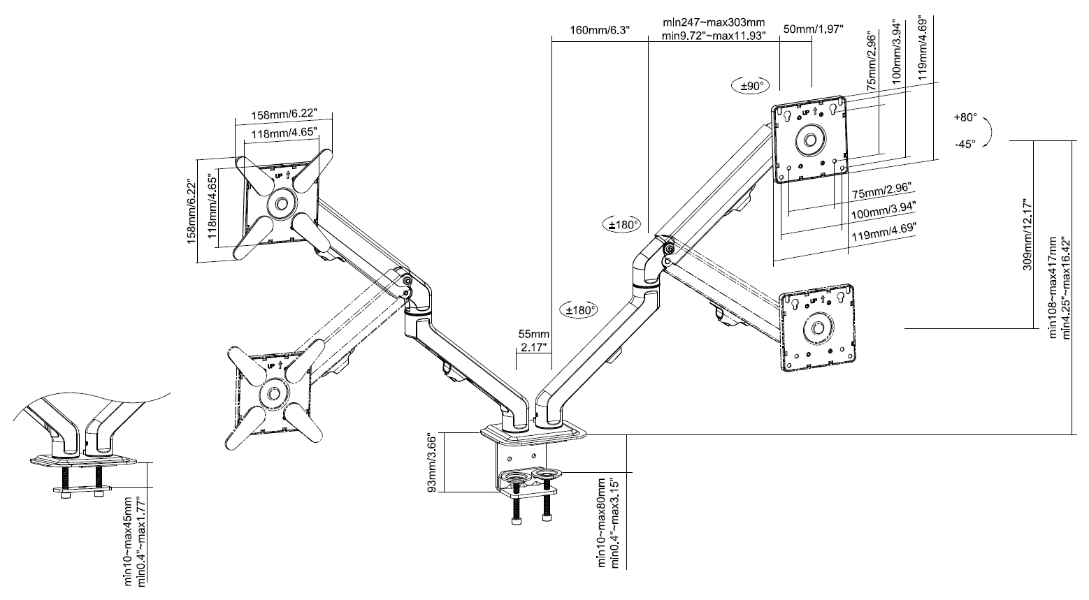 Vision Black Monitor Desk Arm 100×100 Dual