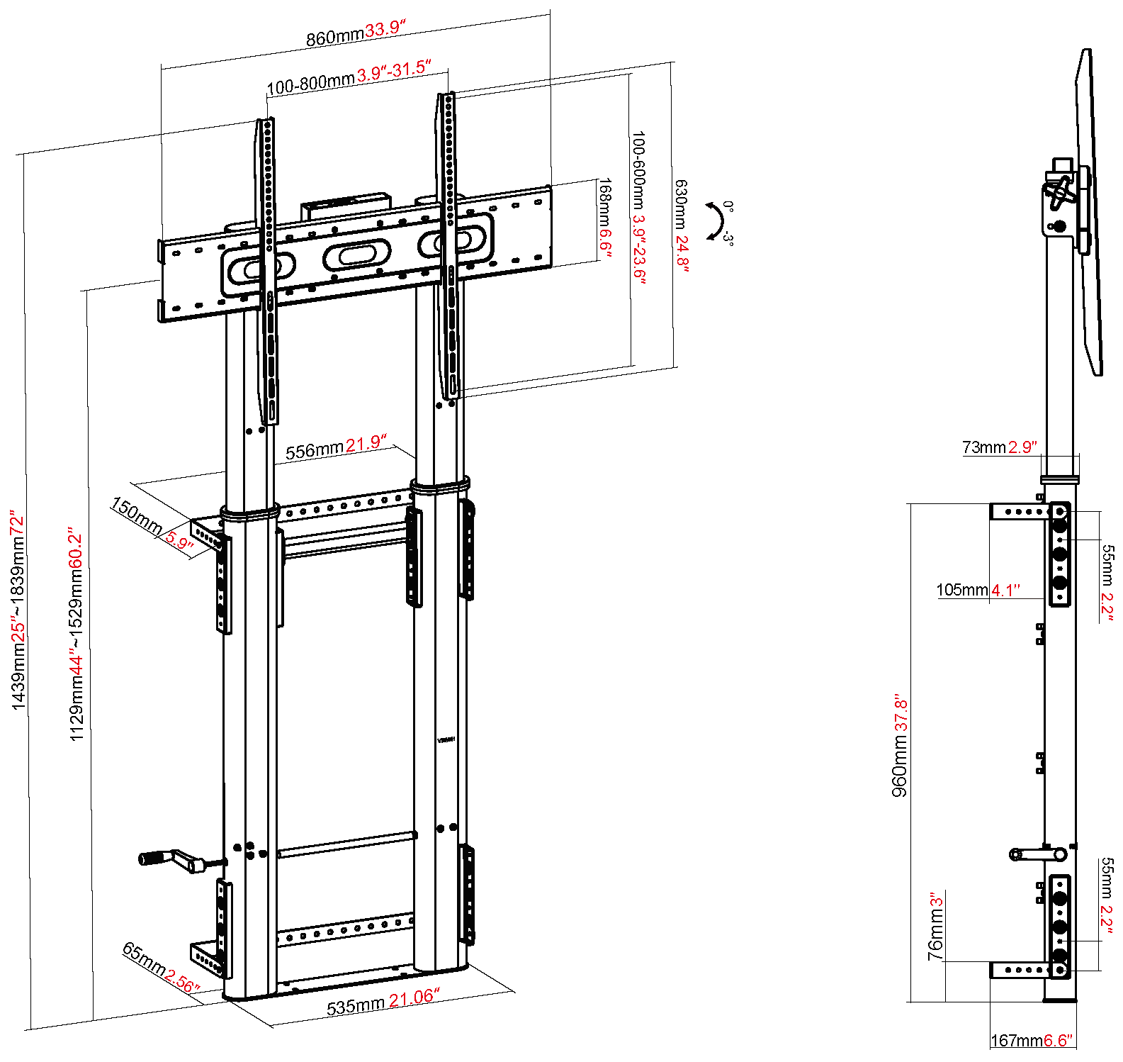 Vision Height-Adjustable Display Floor Stand Wall Fixing 80 kg