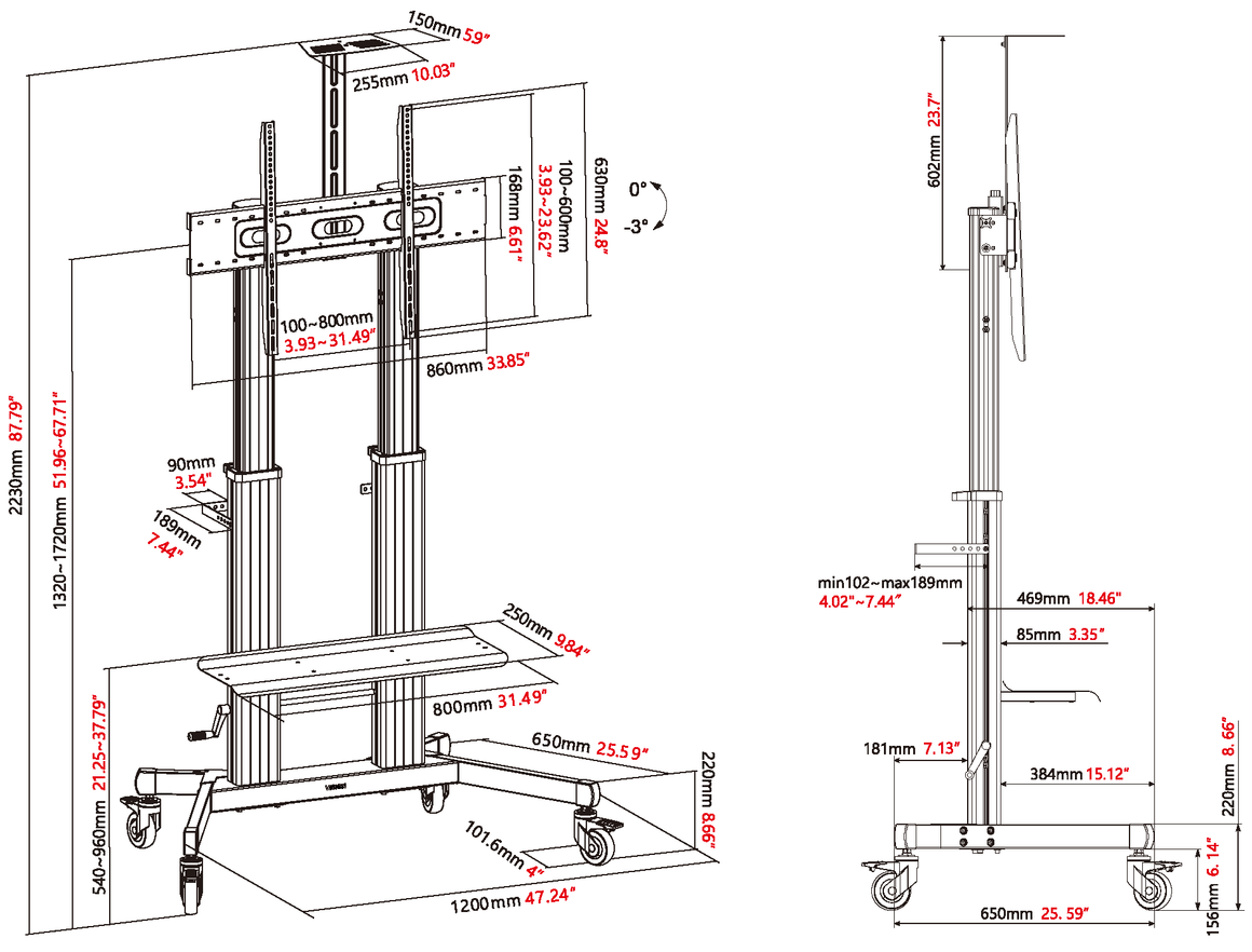 Vision Height-Adjustable Aluminium Display Cart 90 kg