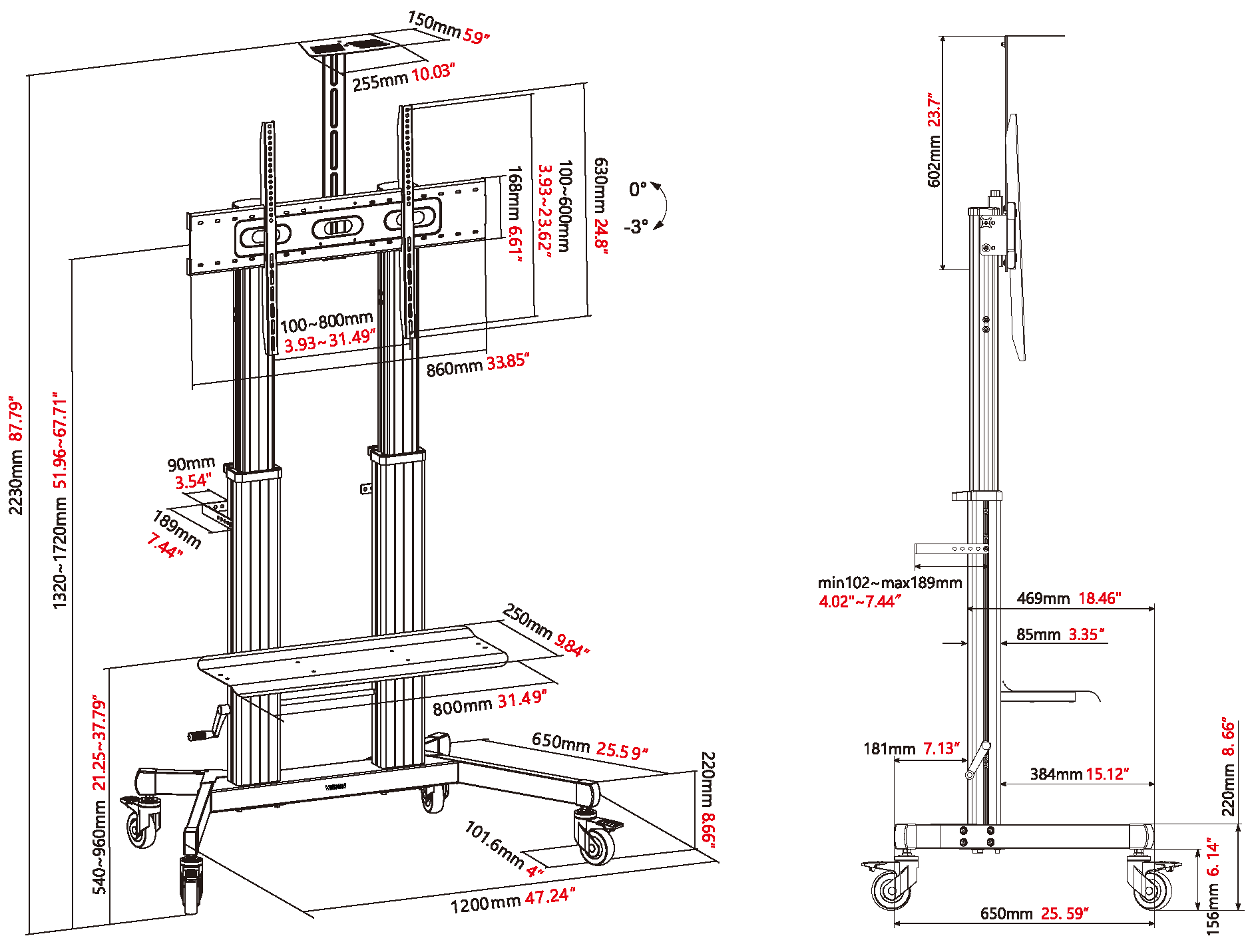 Vision Height-Adjustable Aluminium Display Cart 90 kg