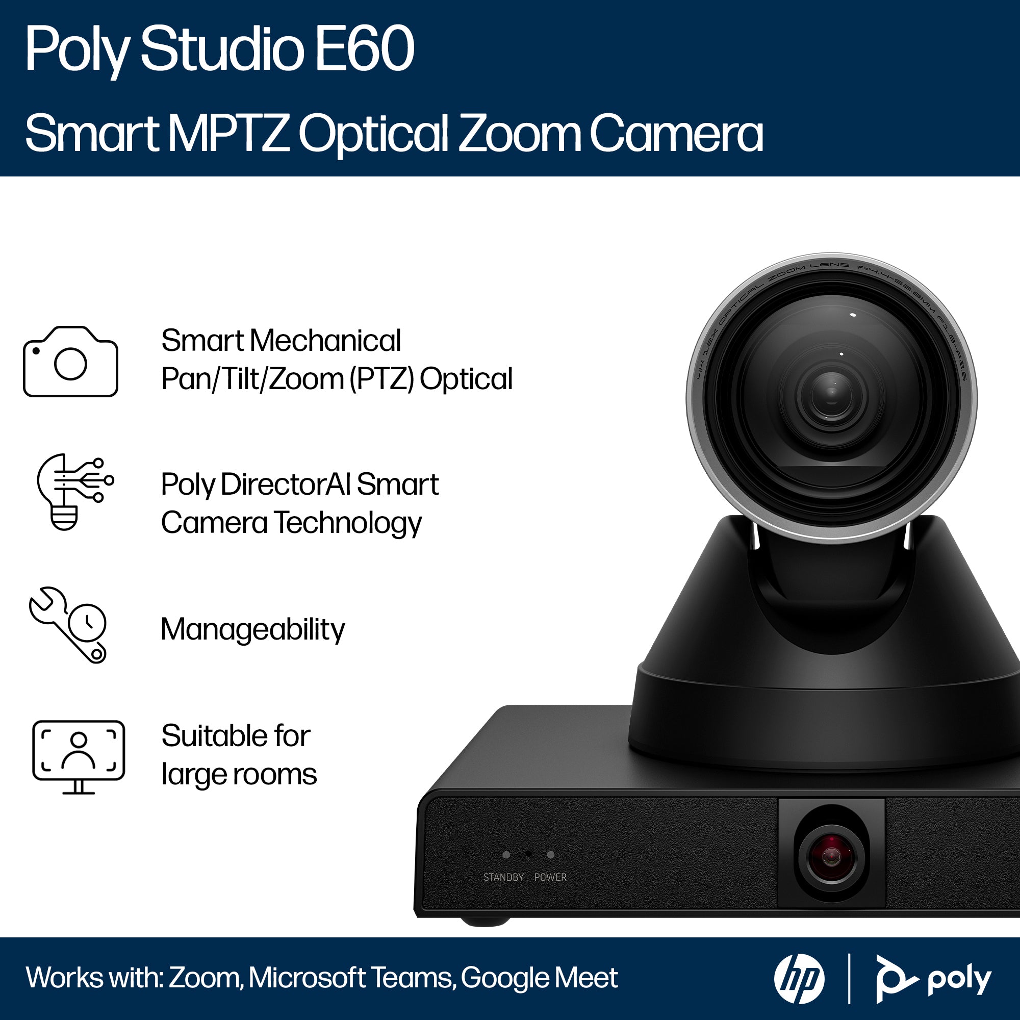 HP Poly Studio E60 Smart Camera 4K MPTZ with 12x Optical Zoom