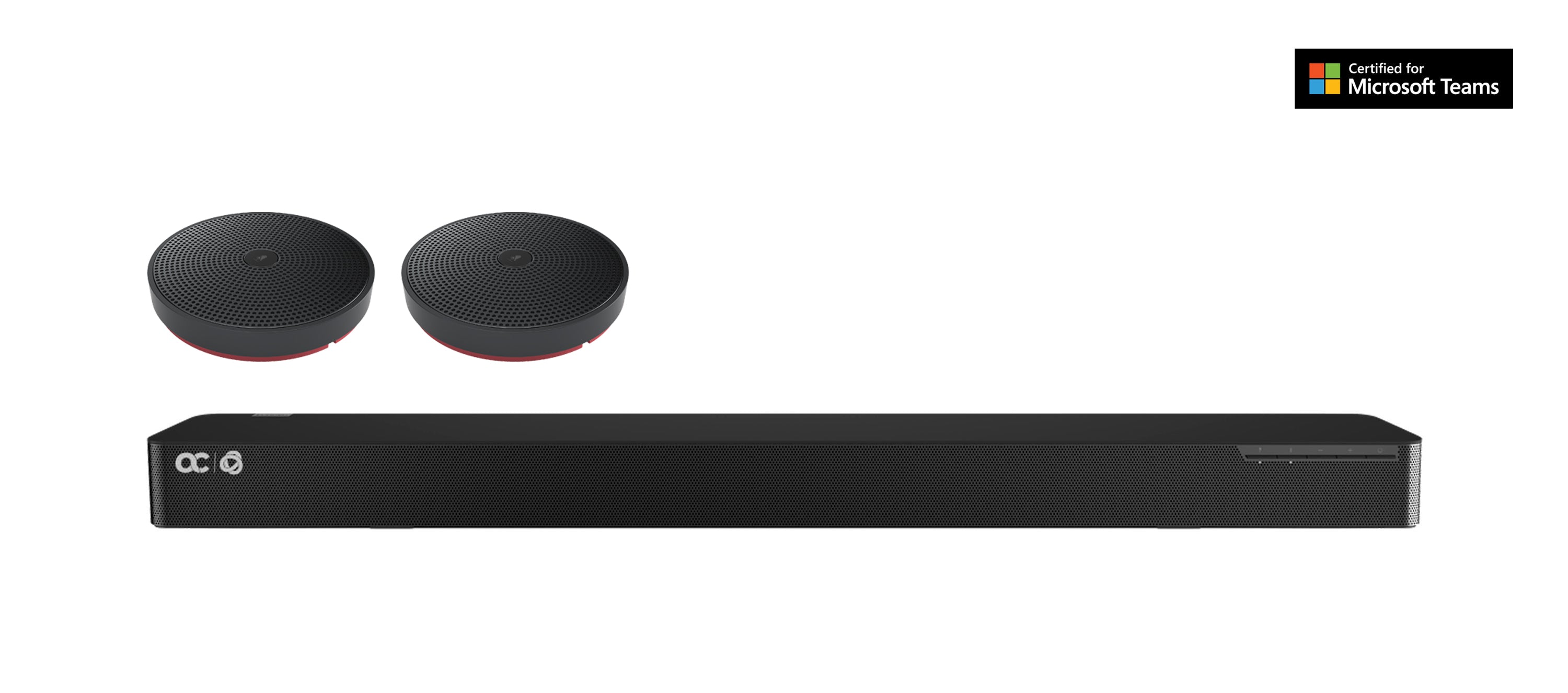 Black soundbar with two black speakers on a white background, featuring Microsoft Teams logo.